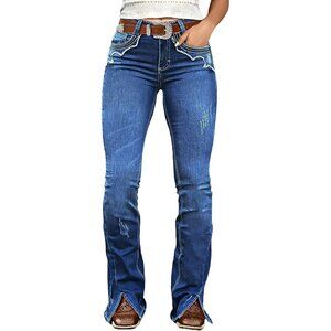 Women’s Bootcut Jeans Mid Rise Ripped Stitch Casual Fashion